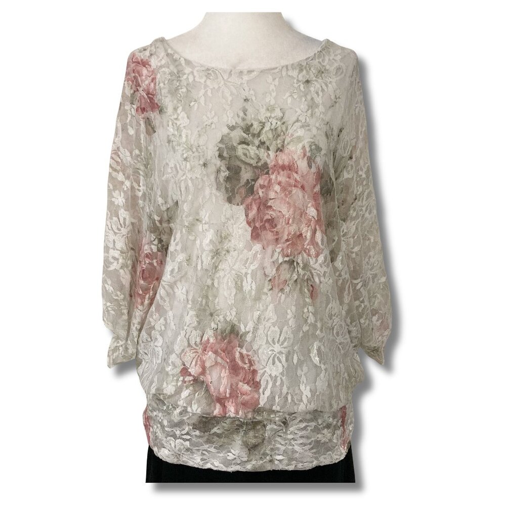 BRITTANY BLACK Cream pink green floral lace flutter sleeve top ~ LARGE XL blouse